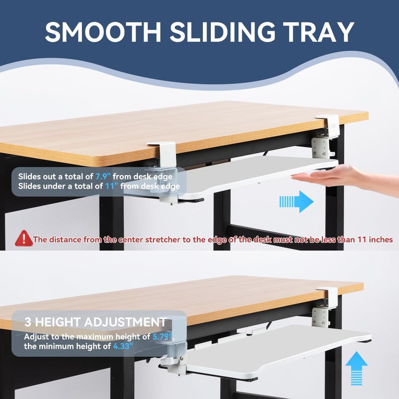 VUSIGN Keyboard Tray Under Desk Height Adjustable,Pull Out with Adjustable C Clamp Mount System for L-Shaped Tables, Extra Sturdy, 26.4” x 11.8” Slide-Out Platform Computer Drawer for Typing,White - Image 3